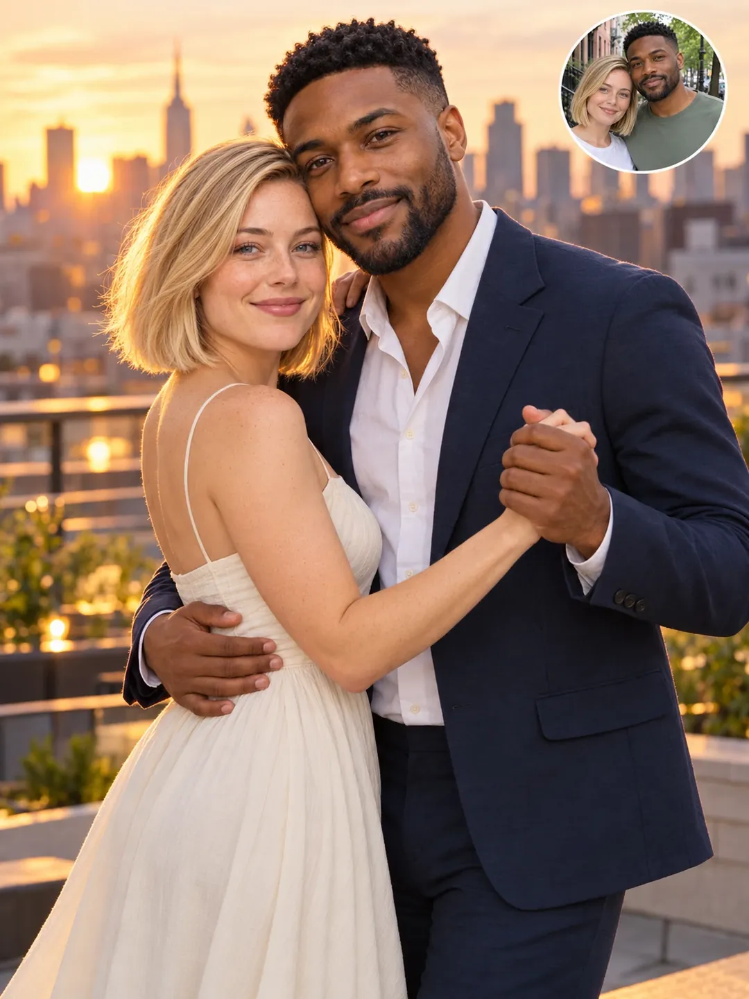 Couple slow dancing on rooftop at sunset AI photoshoot