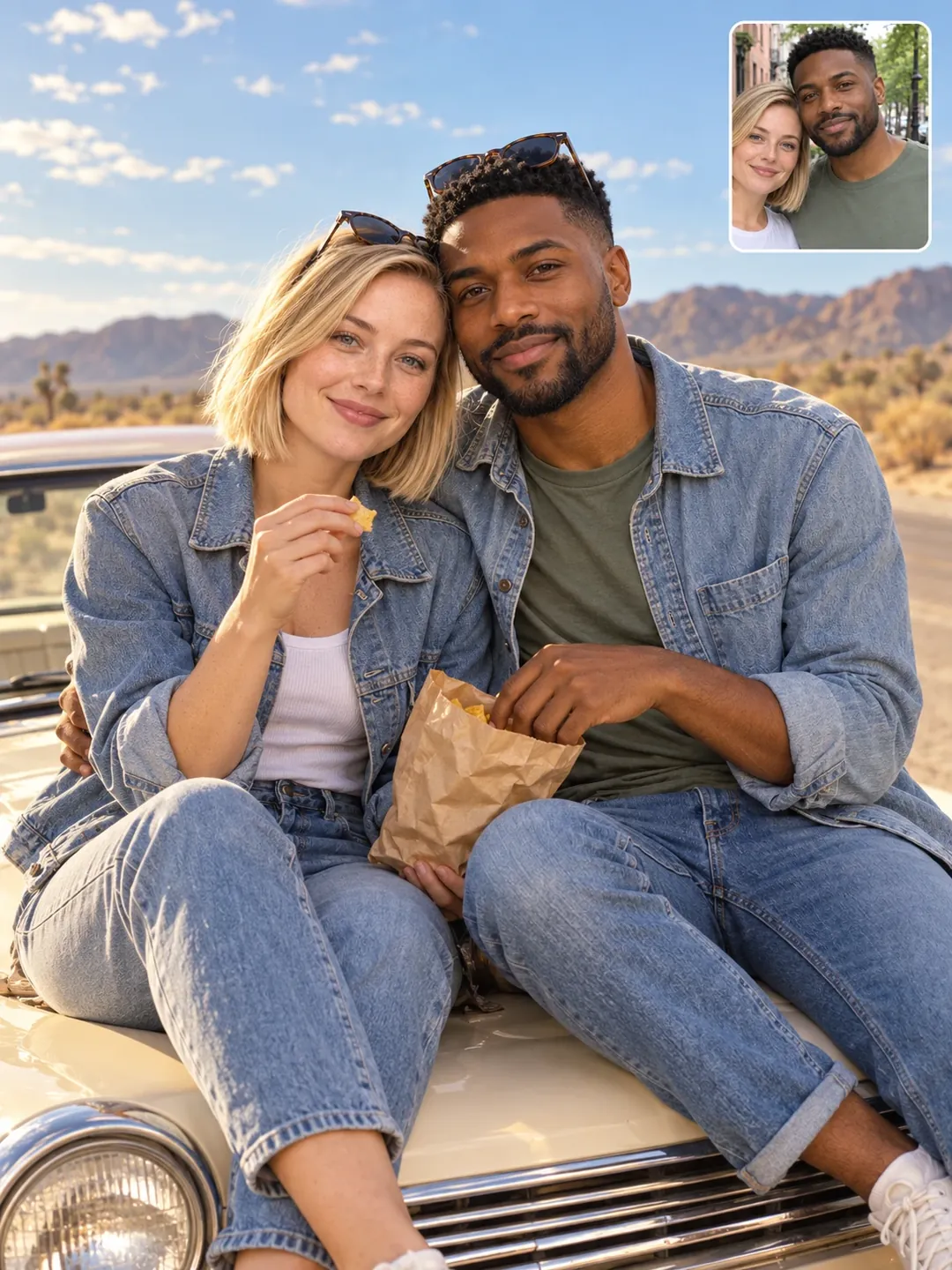 Desert road trip couple AI photoshoot