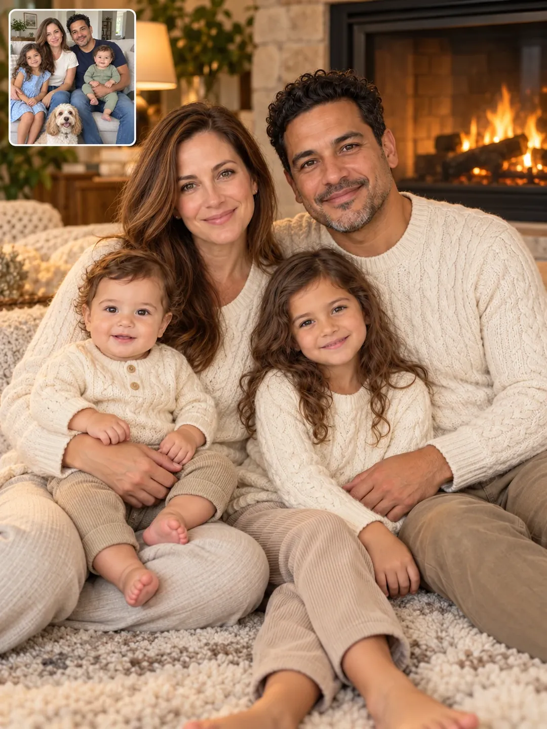 Family in matching sweaters by the fireplace AI photoshoot