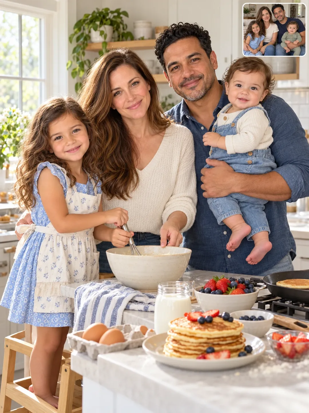 Father and kids making pancakes AI family photoshoot