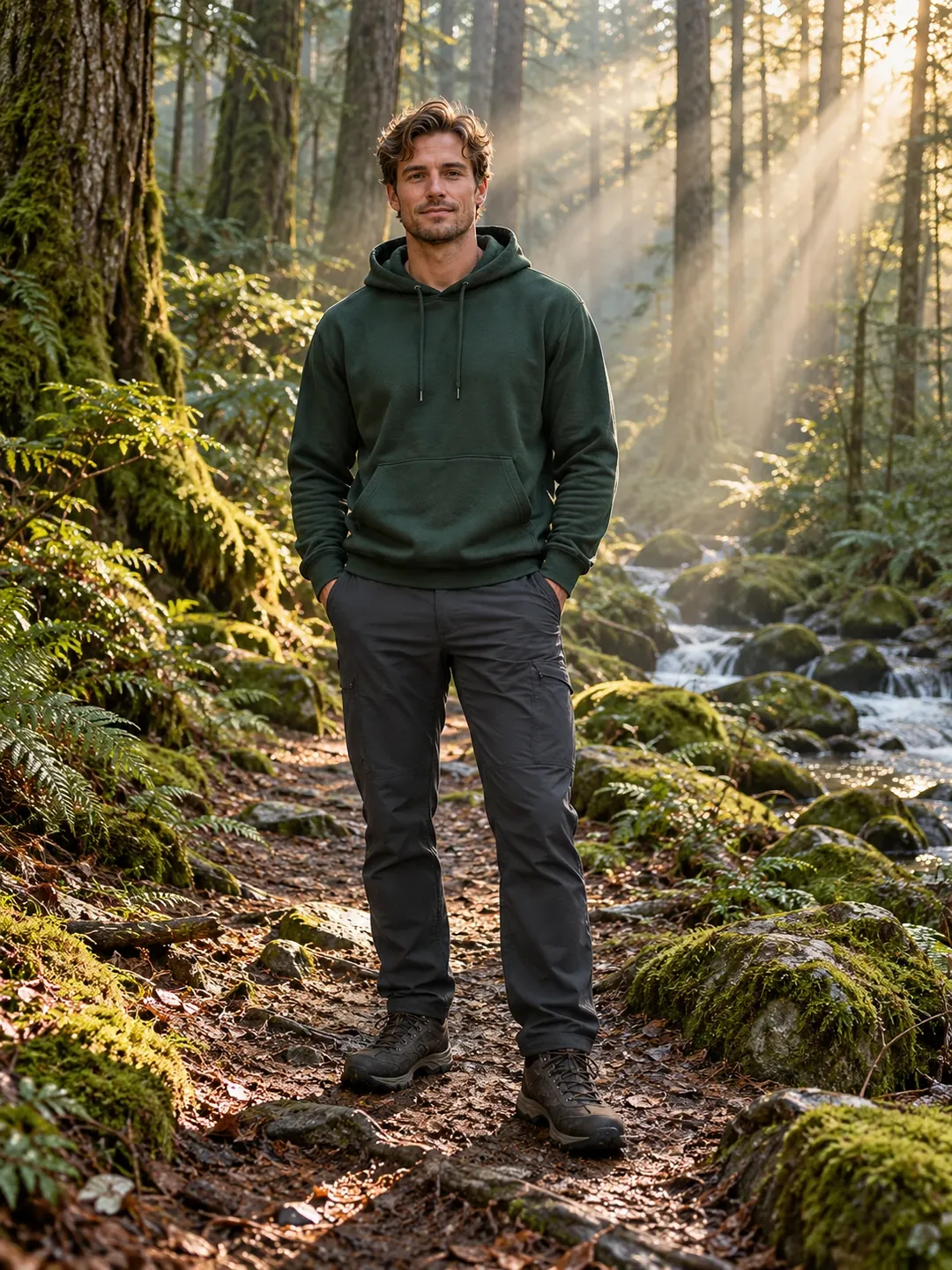 Forest light rays outdoor AI photoshoot