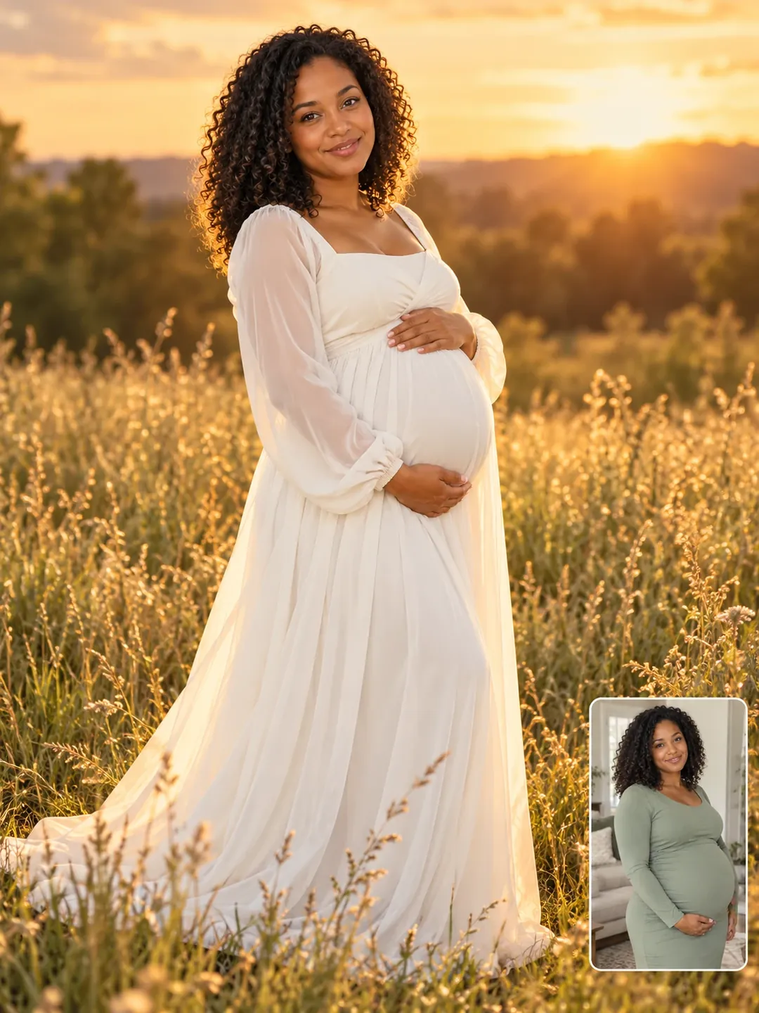 Golden hour field maternity AI photoshoot
