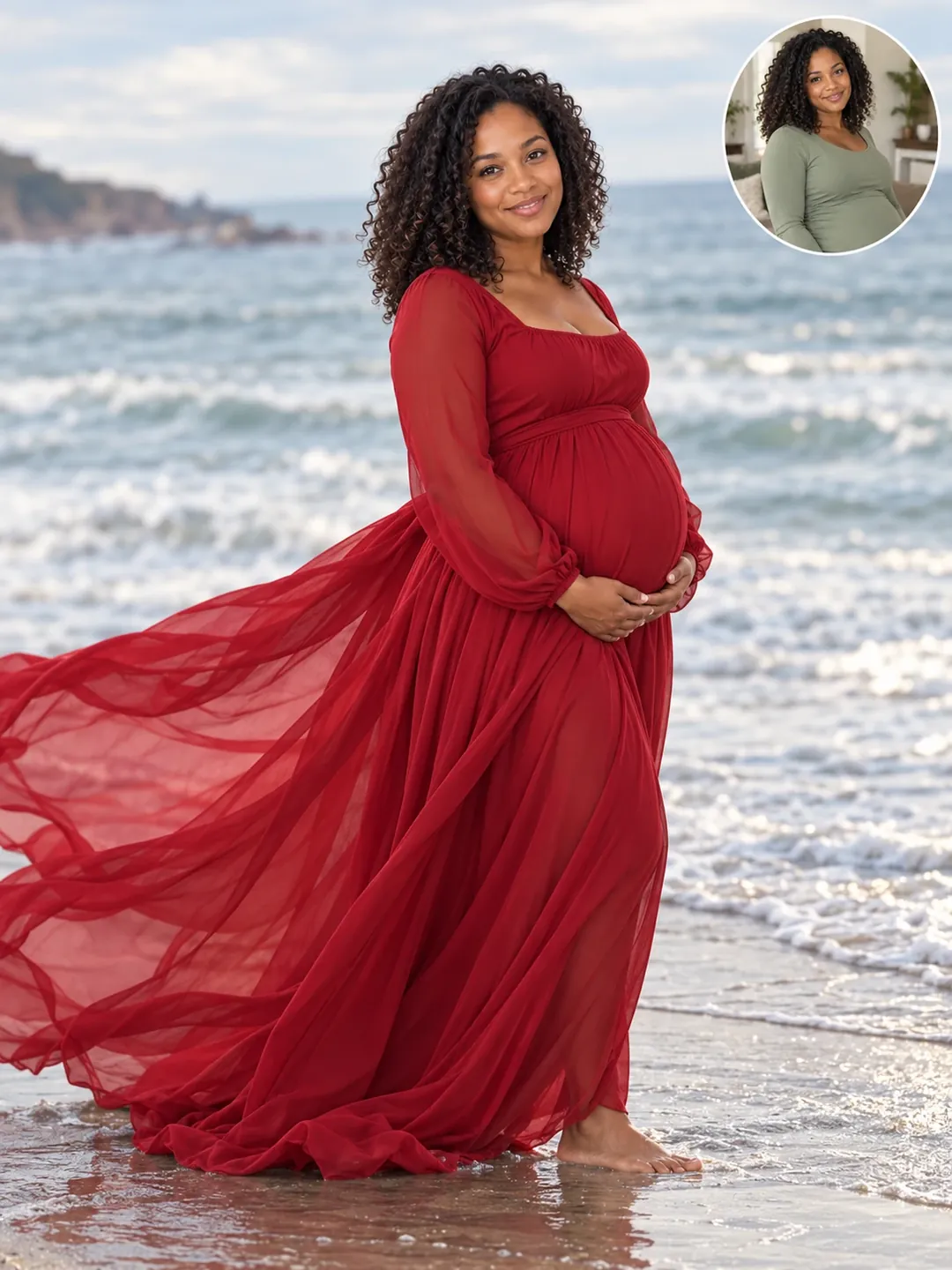 Red dress beach maternity AI photoshoot