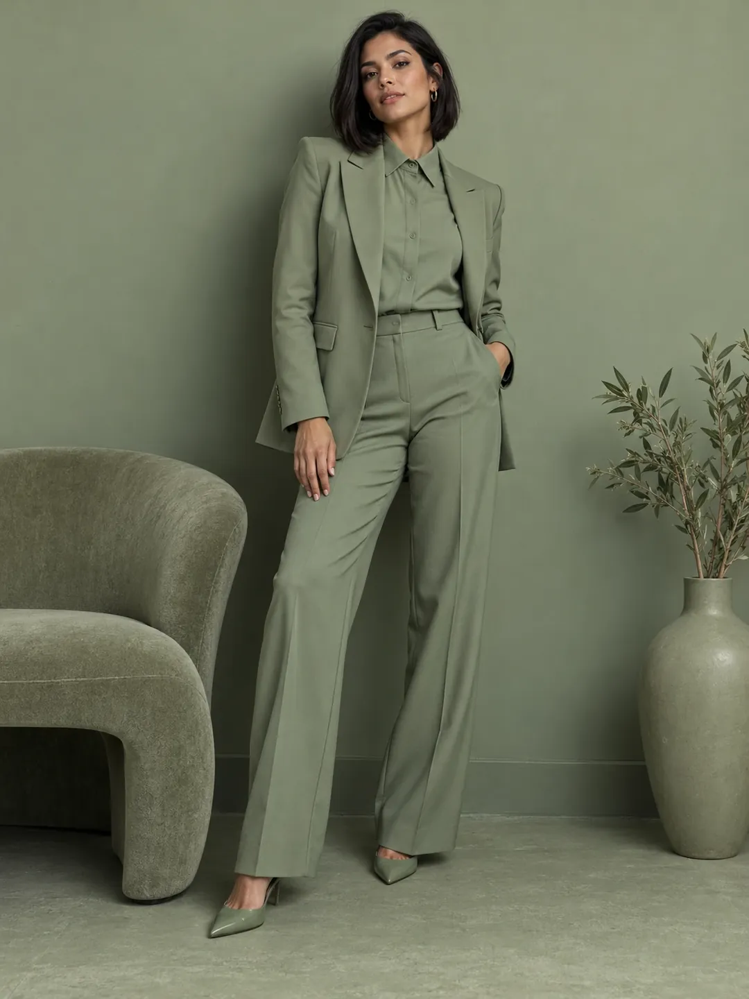 Sage green tonal fashion AI photoshoot