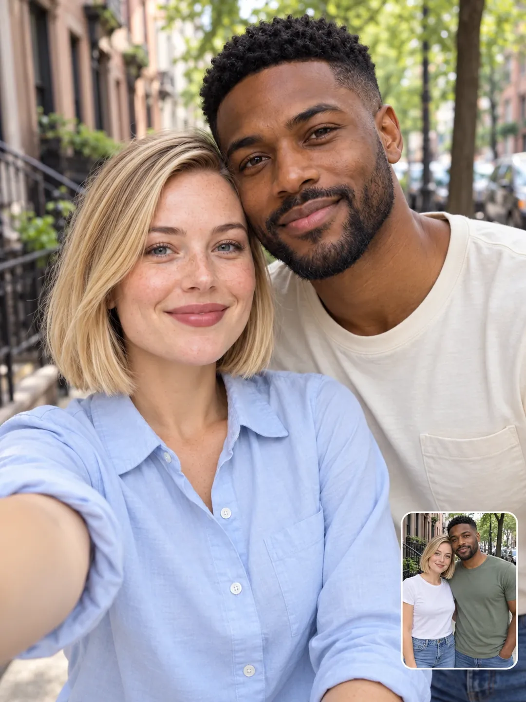 Shoulder-peek couple selfie AI photoshoot