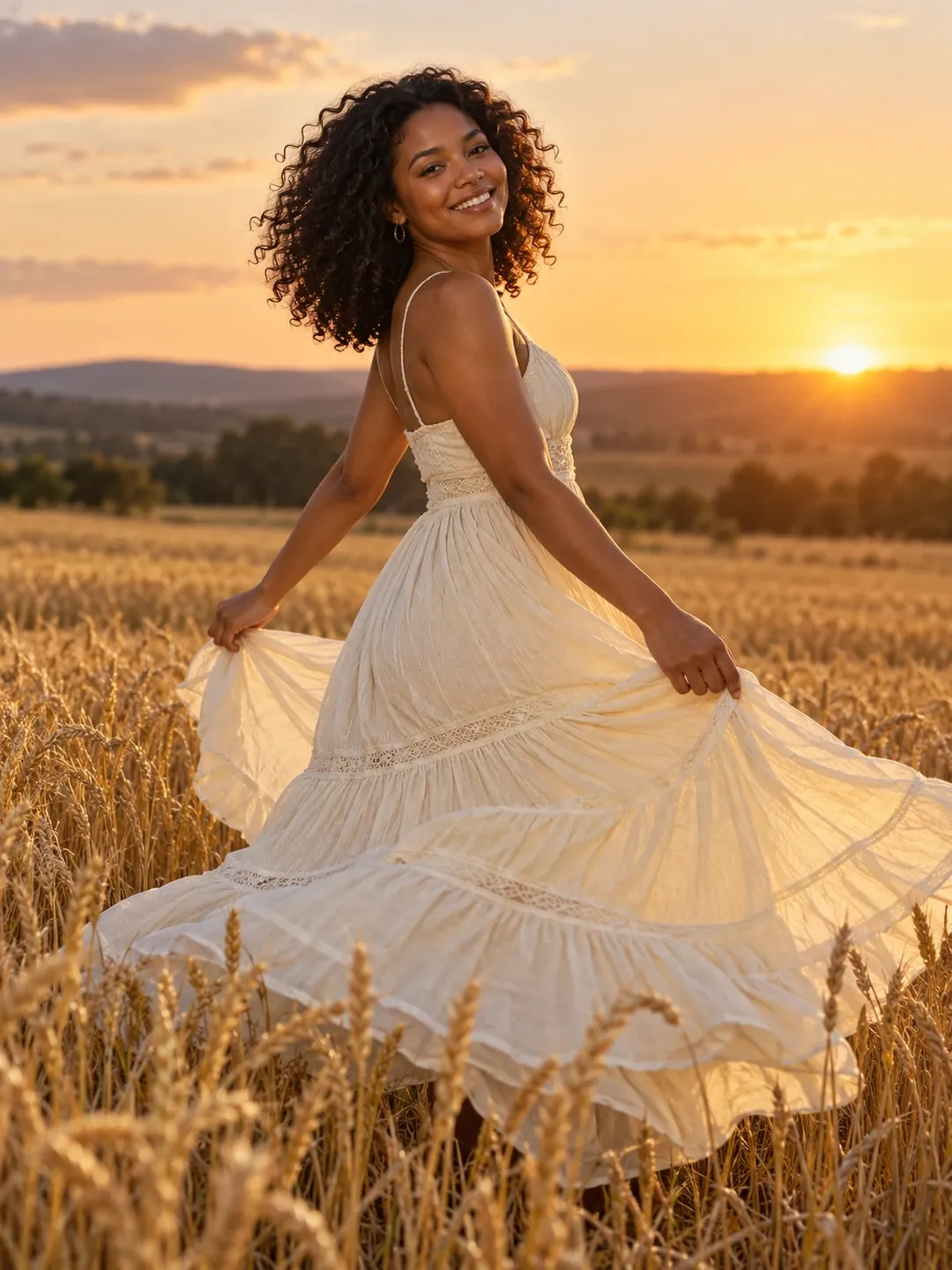 Wheat field sunset twirl AI photoshoot