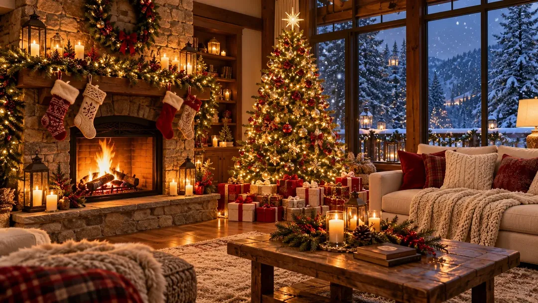 A cozy Christmas living room with a decorated tree, stone fireplace and snowy windows, an example of a seasonal AI image.