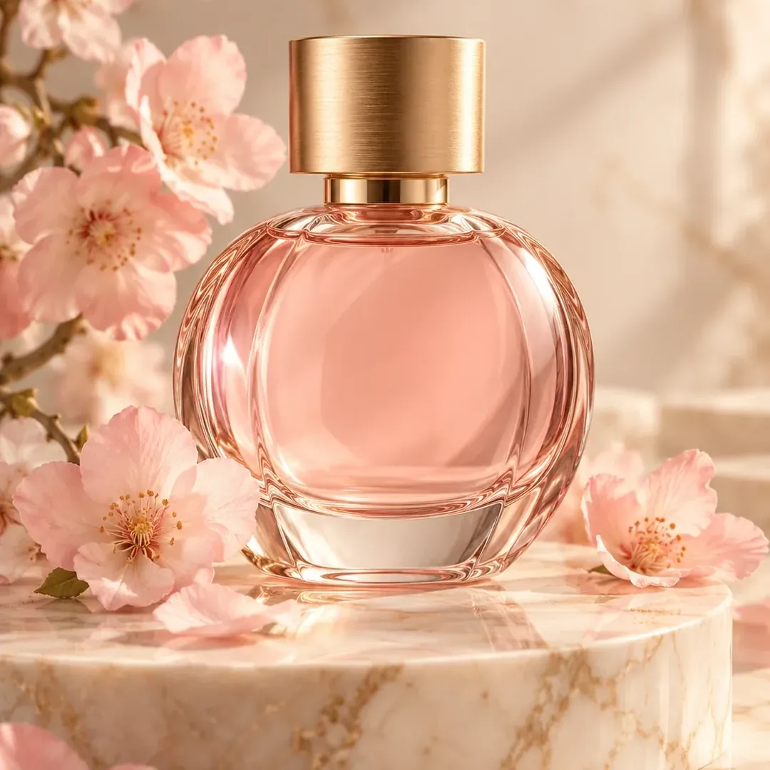 A pink glass perfume bottle with a gold cap on a cream marble pedestal, surrounded by soft pink blossoms.
