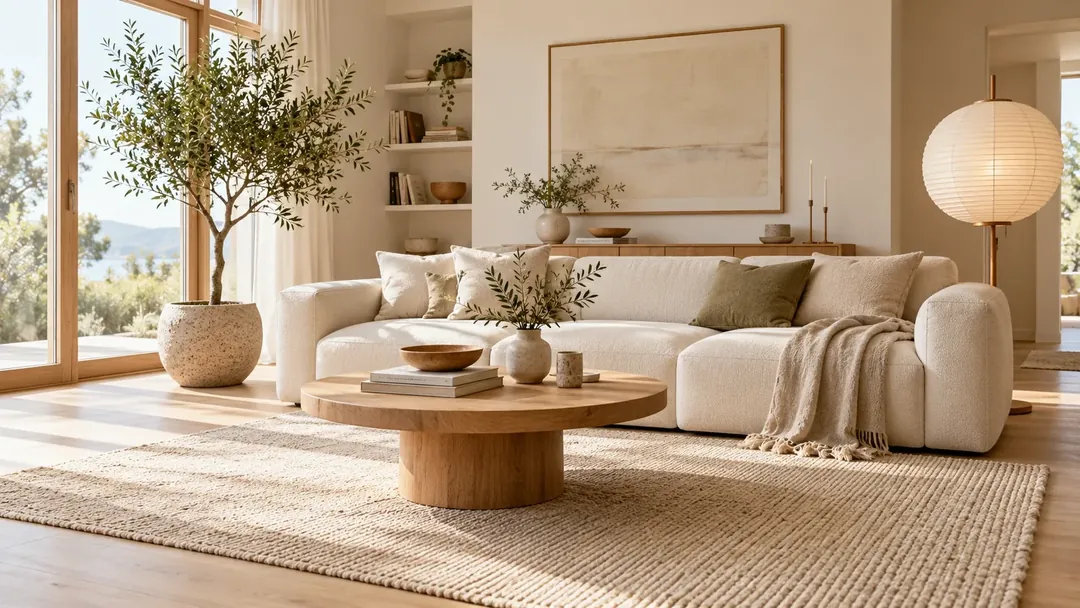 Living room redesigned in a warm Scandinavian style with a light oak floor, cream sofa, round wooden coffee table and paper floor lamp.
