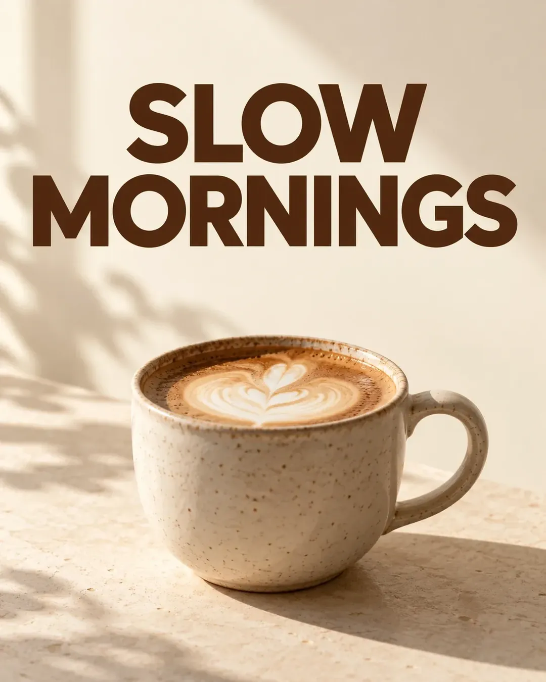 Minimalist coffee poster with the exact headline "SLOW MORNINGS" above a ceramic latte cup.