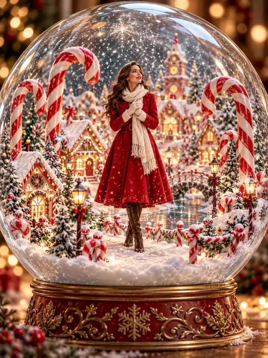 Christmas photo prompt result: Candy Cane Snow Globe Portrait