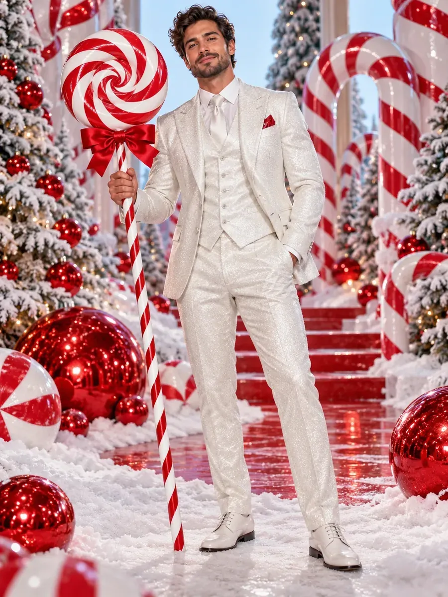 Christmas photo prompt result: Sequin Suit Candy Cane Portrait
