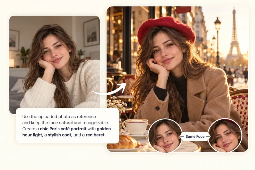 Selfie turned into a Paris café portrait with the same face – AI photo prompt example