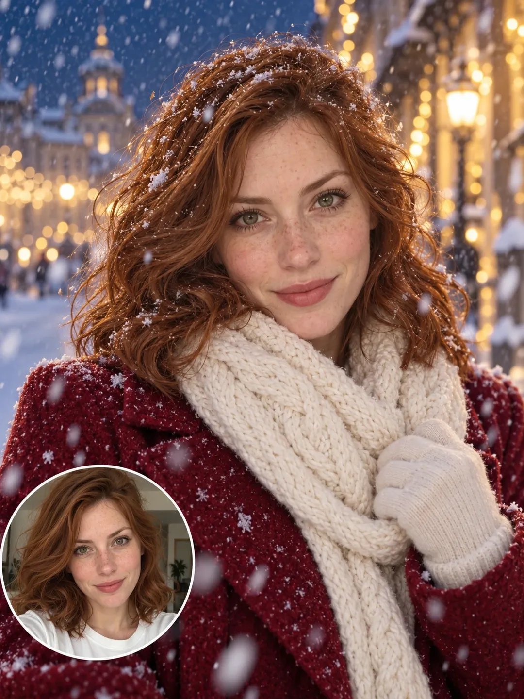 Snowy Christmas Street Portrait – AI image prompt example
